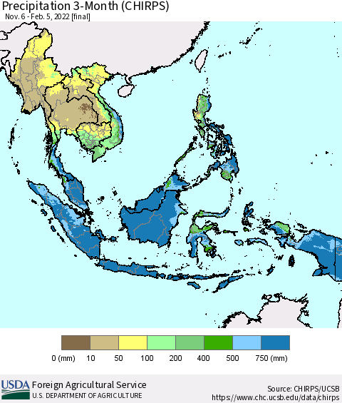 South East Asia Precipitation 3-Month (CHIRPS) Thematic Map For 11/6/2021 - 2/5/2022