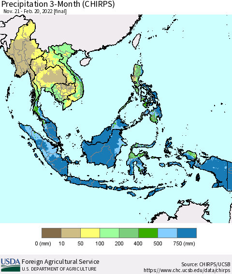 South East Asia Precipitation 3-Month (CHIRPS) Thematic Map For 11/21/2021 - 2/20/2022