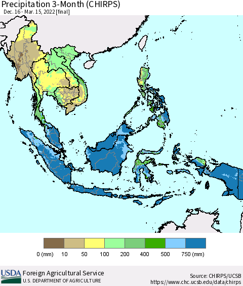 South East Asia Precipitation 3-Month (CHIRPS) Thematic Map For 12/16/2021 - 3/15/2022