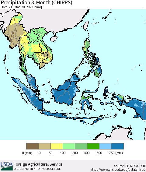 South East Asia Precipitation 3-Month (CHIRPS) Thematic Map For 12/21/2021 - 3/20/2022