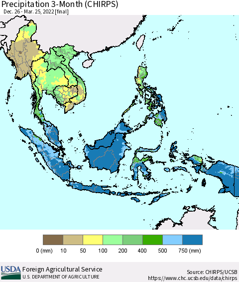 South East Asia Precipitation 3-Month (CHIRPS) Thematic Map For 12/26/2021 - 3/25/2022