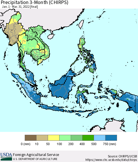 South East Asia Precipitation 3-Month (CHIRPS) Thematic Map For 1/1/2022 - 3/31/2022