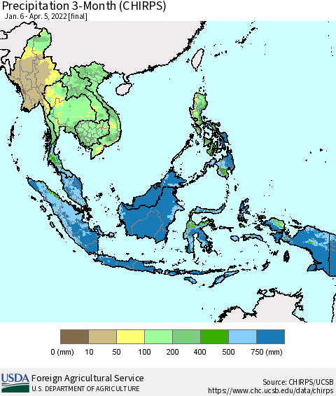 South East Asia Precipitation 3-Month (CHIRPS) Thematic Map For 1/6/2022 - 4/5/2022