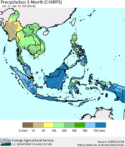 South East Asia Precipitation 3-Month (CHIRPS) Thematic Map For 1/11/2022 - 4/10/2022