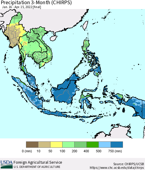 South East Asia Precipitation 3-Month (CHIRPS) Thematic Map For 1/16/2022 - 4/15/2022