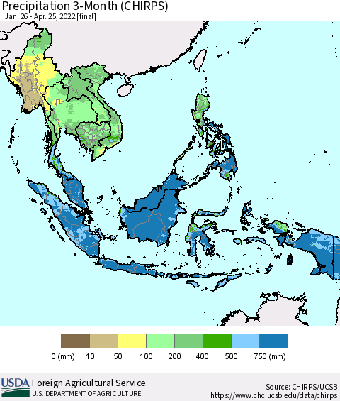 South East Asia Precipitation 3-Month (CHIRPS) Thematic Map For 1/26/2022 - 4/25/2022