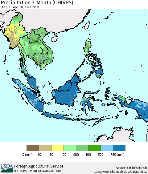 South East Asia Precipitation 3-Month (CHIRPS) Thematic Map For 2/1/2022 - 4/30/2022