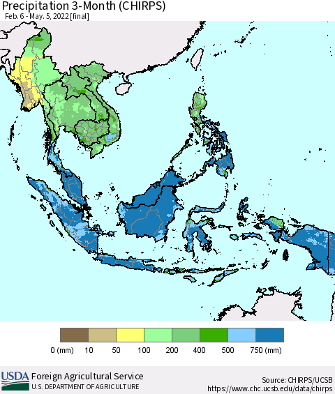 South East Asia Precipitation 3-Month (CHIRPS) Thematic Map For 2/6/2022 - 5/5/2022