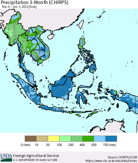 South East Asia Precipitation 3-Month (CHIRPS) Thematic Map For 3/6/2022 - 6/5/2022