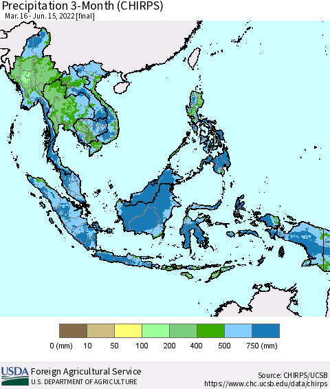 South East Asia Precipitation 3-Month (CHIRPS) Thematic Map For 3/16/2022 - 6/15/2022