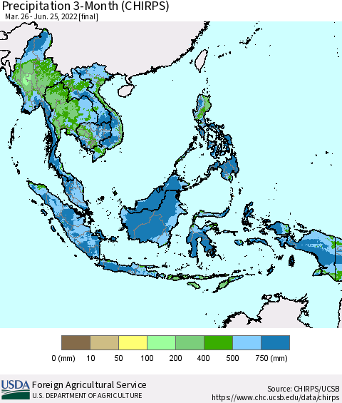 South East Asia Precipitation 3-Month (CHIRPS) Thematic Map For 3/26/2022 - 6/25/2022