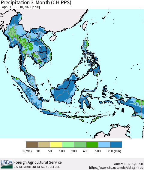 South East Asia Precipitation 3-Month (CHIRPS) Thematic Map For 4/11/2022 - 7/10/2022