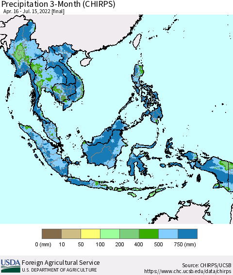 South East Asia Precipitation 3-Month (CHIRPS) Thematic Map For 4/16/2022 - 7/15/2022