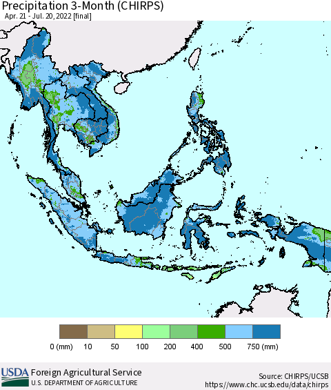 South East Asia Precipitation 3-Month (CHIRPS) Thematic Map For 4/21/2022 - 7/20/2022