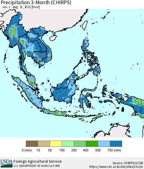 South East Asia Precipitation 3-Month (CHIRPS) Thematic Map For 6/1/2022 - 8/31/2022