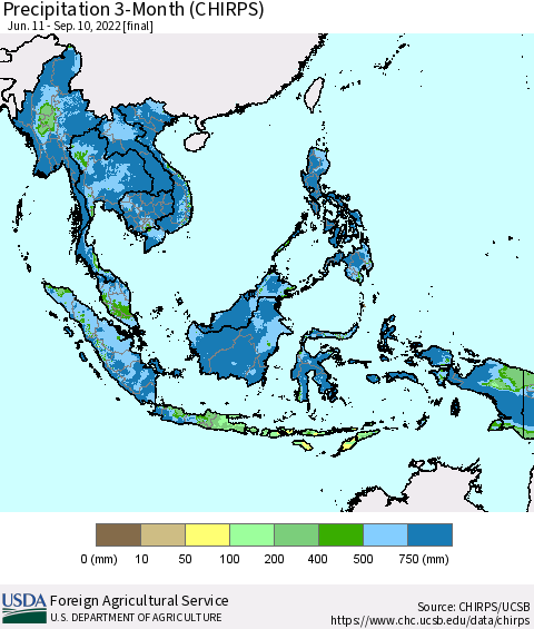 South East Asia Precipitation 3-Month (CHIRPS) Thematic Map For 6/11/2022 - 9/10/2022