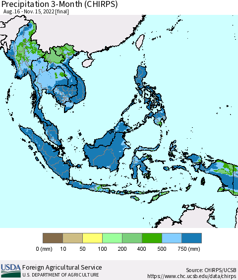 South East Asia Precipitation 3-Month (CHIRPS) Thematic Map For 8/16/2022 - 11/15/2022
