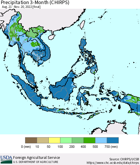 South East Asia Precipitation 3-Month (CHIRPS) Thematic Map For 8/21/2022 - 11/20/2022
