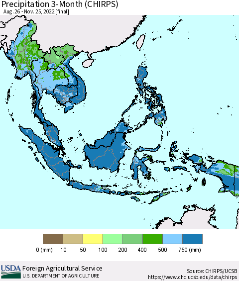 South East Asia Precipitation 3-Month (CHIRPS) Thematic Map For 8/26/2022 - 11/25/2022