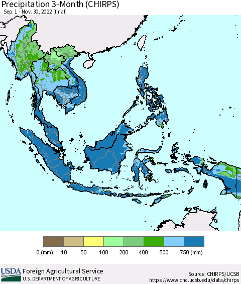 South East Asia Precipitation 3-Month (CHIRPS) Thematic Map For 9/1/2022 - 11/30/2022