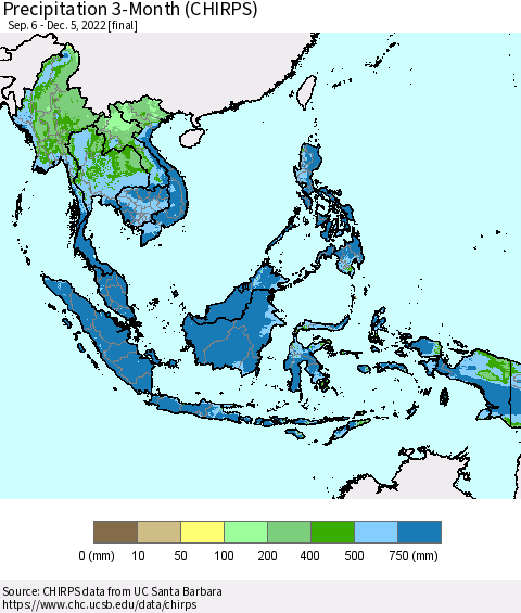 South East Asia Precipitation 3-Month (CHIRPS) Thematic Map For 9/6/2022 - 12/5/2022