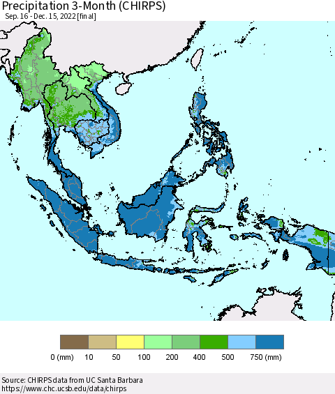 South East Asia Precipitation 3-Month (CHIRPS) Thematic Map For 9/16/2022 - 12/15/2022