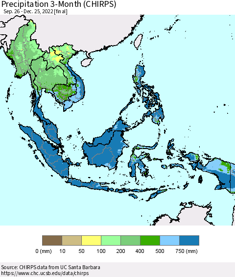 South East Asia Precipitation 3-Month (CHIRPS) Thematic Map For 9/26/2022 - 12/25/2022