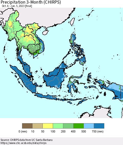 South East Asia Precipitation 3-Month (CHIRPS) Thematic Map For 10/6/2022 - 1/5/2023