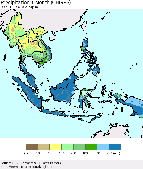 South East Asia Precipitation 3-Month (CHIRPS) Thematic Map For 10/11/2022 - 1/10/2023