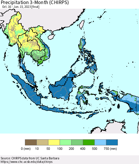 South East Asia Precipitation 3-Month (CHIRPS) Thematic Map For 10/16/2022 - 1/15/2023