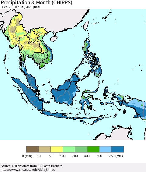 South East Asia Precipitation 3-Month (CHIRPS) Thematic Map For 10/21/2022 - 1/20/2023