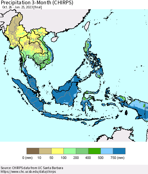 South East Asia Precipitation 3-Month (CHIRPS) Thematic Map For 10/26/2022 - 1/25/2023