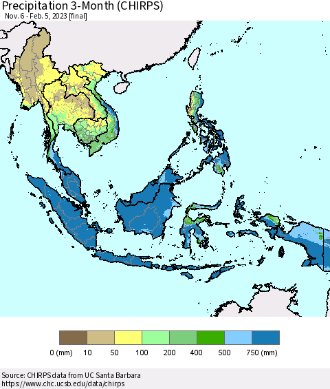 South East Asia Precipitation 3-Month (CHIRPS) Thematic Map For 11/6/2022 - 2/5/2023