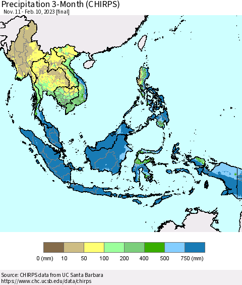 South East Asia Precipitation 3-Month (CHIRPS) Thematic Map For 11/11/2022 - 2/10/2023