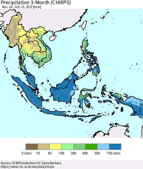 South East Asia Precipitation 3-Month (CHIRPS) Thematic Map For 11/16/2022 - 2/15/2023
