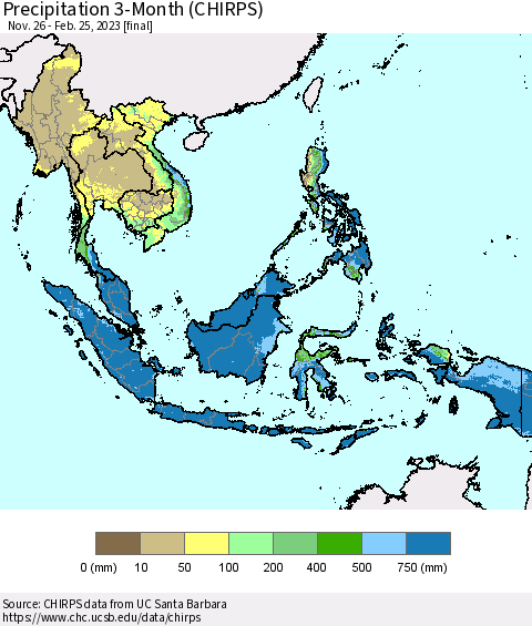 South East Asia Precipitation 3-Month (CHIRPS) Thematic Map For 11/26/2022 - 2/25/2023