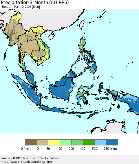 South East Asia Precipitation 3-Month (CHIRPS) Thematic Map For 12/11/2022 - 3/10/2023