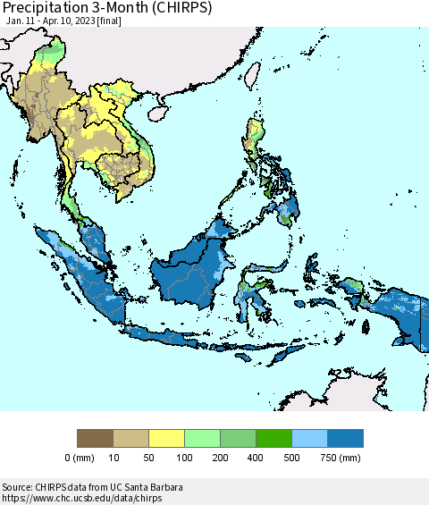 South East Asia Precipitation 3-Month (CHIRPS) Thematic Map For 1/11/2023 - 4/10/2023