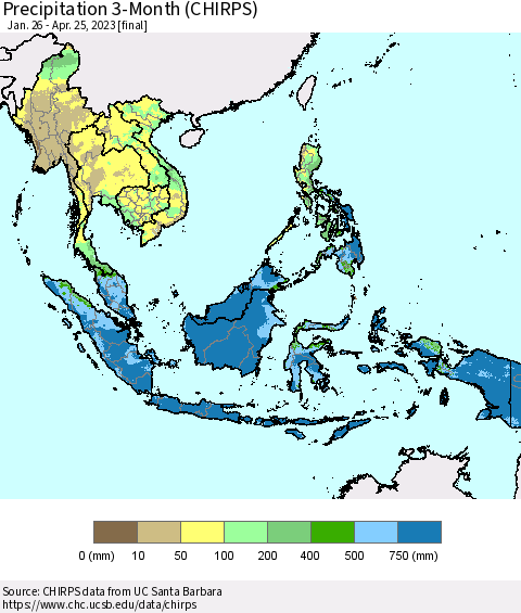 South East Asia Precipitation 3-Month (CHIRPS) Thematic Map For 1/26/2023 - 4/25/2023