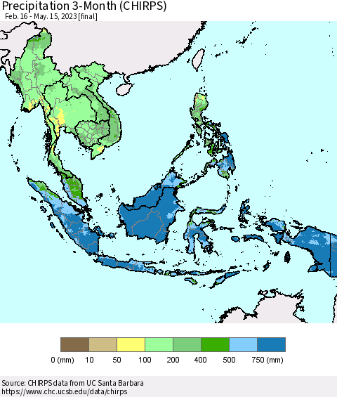 South East Asia Precipitation 3-Month (CHIRPS) Thematic Map For 2/16/2023 - 5/15/2023
