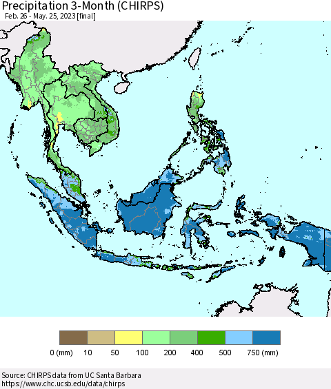 South East Asia Precipitation 3-Month (CHIRPS) Thematic Map For 2/26/2023 - 5/25/2023