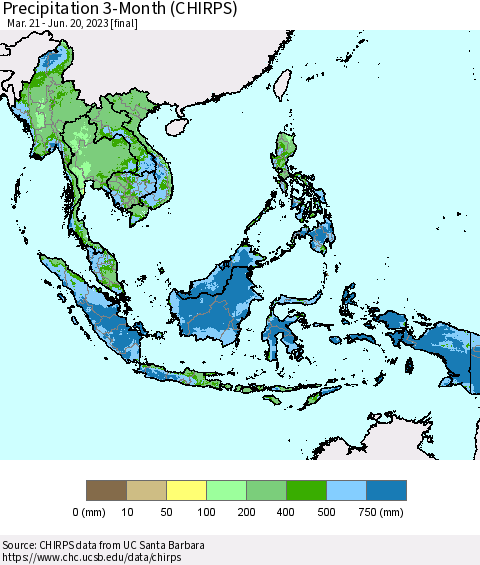 South East Asia Precipitation 3-Month (CHIRPS) Thematic Map For 3/21/2023 - 6/20/2023