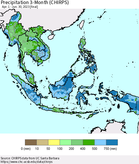 South East Asia Precipitation 3-Month (CHIRPS) Thematic Map For 4/1/2023 - 6/30/2023