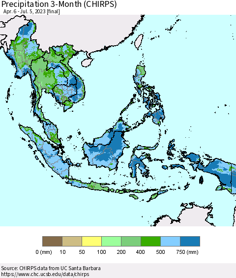 South East Asia Precipitation 3-Month (CHIRPS) Thematic Map For 4/6/2023 - 7/5/2023