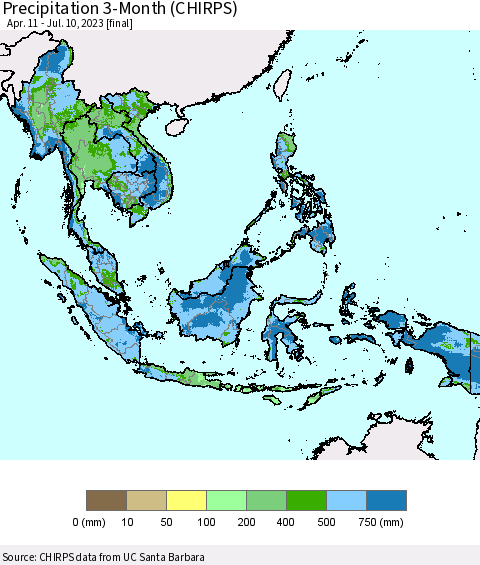 South East Asia Precipitation 3-Month (CHIRPS) Thematic Map For 4/11/2023 - 7/10/2023