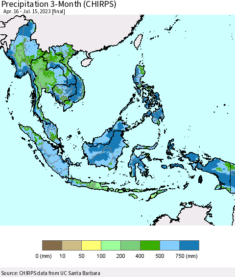 South East Asia Precipitation 3-Month (CHIRPS) Thematic Map For 4/16/2023 - 7/15/2023
