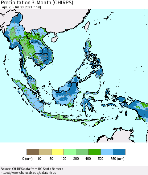 South East Asia Precipitation 3-Month (CHIRPS) Thematic Map For 4/21/2023 - 7/20/2023
