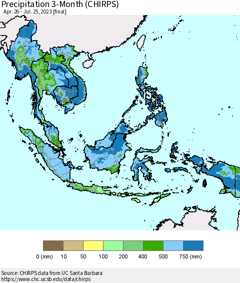 South East Asia Precipitation 3-Month (CHIRPS) Thematic Map For 4/26/2023 - 7/25/2023