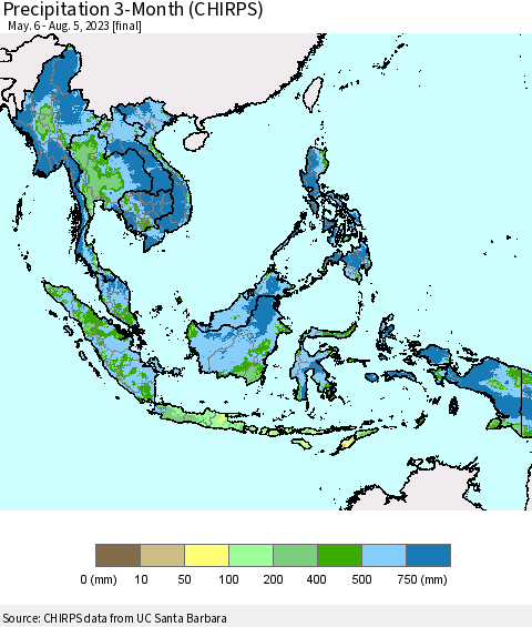 South East Asia Precipitation 3-Month (CHIRPS) Thematic Map For 5/6/2023 - 8/5/2023