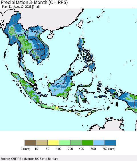 South East Asia Precipitation 3-Month (CHIRPS) Thematic Map For 5/11/2023 - 8/10/2023